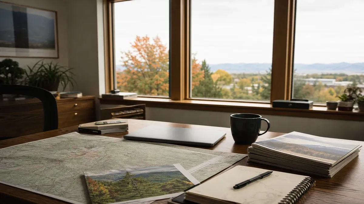 Autumn travel education editorial research scene with forest valley